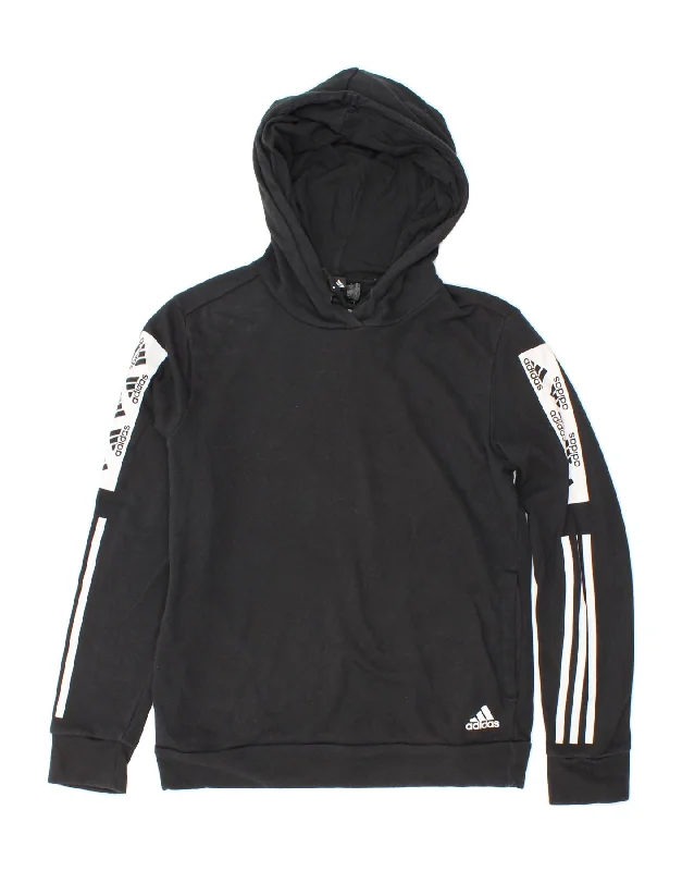 ADIDAS Womens Graphic Hoodie Jumper UK 12/14 Medium Black Cotton Hoodie with Applique Textured Unique