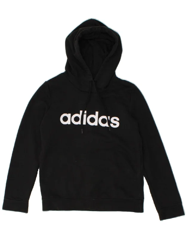 ADIDAS Womens Graphic Hoodie Jumper UK 8/10 Small Black Cotton Hoodie with Back Slit Movement Comfort ADIDAS Womens Graphic Hoodie Jumper UK 8/10 Small Black Cotton Hoodie with Back Slit Movement Comfort
