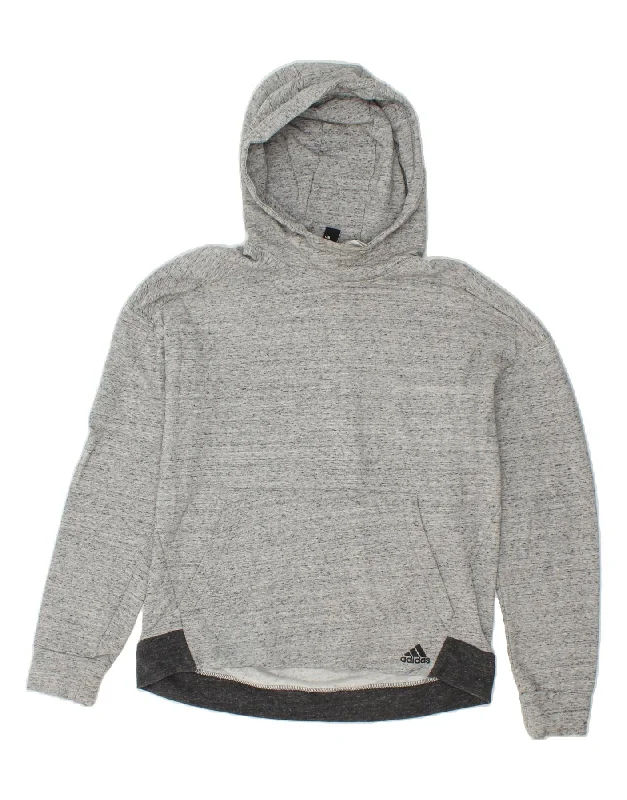 ADIDAS Womens Hoodie Jumper UK 16 Large Grey Flecked Cotton Hoodie with Stripes Bold Sporty