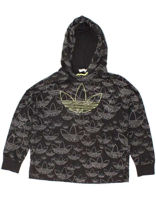 ADIDAS Womens Oversized Graphic Hoodie Jumper UK 10 Small Black Cotton Hoodie with Hem Ribbing Snug Secure