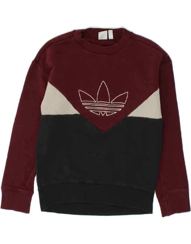 ADIDAS Womens Oversized Graphic Sweatshirt Jumper UK 10 Small Burgundy Hoodie with Hem Contrast Bold Stylish