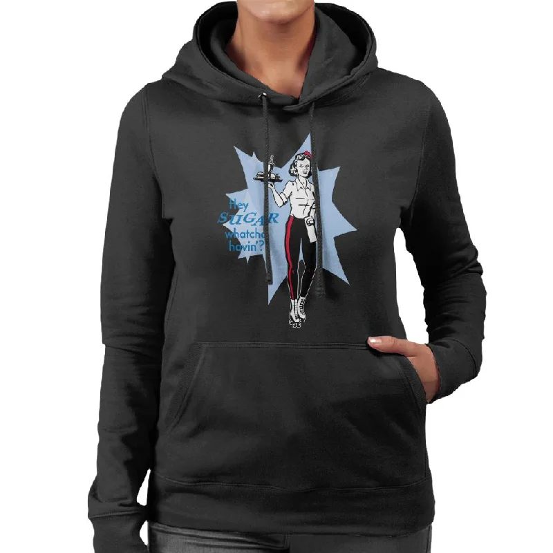 American Graffiti Hey Sugar Whatcha Havin Women's Hooded Sweatshirt Hoodie with Neon Bright Vibrant American Graffiti Hey Sugar Whatcha Havin Women's Hooded Sweatshirt Hoodie with Neon Bright Vibrant