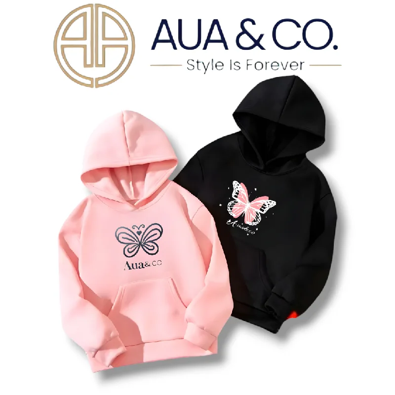 AUA&CO Pack of 2 Women's Hoodies | Winter Fleece | Butterfly Print | Pink & Black Hoodie with Patch Decorative Personalized AUA&CO Pack of 2 Women's Hoodies | Winter Fleece | Butterfly Print | Pink & Black Hoodie with Patch Decorative Personalized