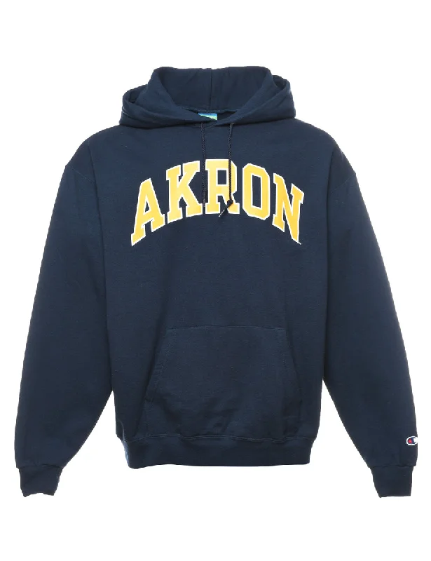 Champion Akron Navy & Yellow Printed Hoodie - XL Hoodie with Hem Raw Edge Edgy Unfinished