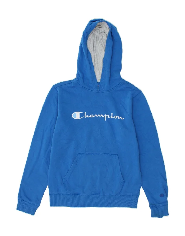 CHAMPION Boys Graphic Hoodie Jumper 13-14 Years XL Blue Cotton Hoodie with Hem Patch Decorative Personalized CHAMPION Boys Graphic Hoodie Jumper 13-14 Years XL Blue Cotton Hoodie with Hem Patch Decorative Personalized