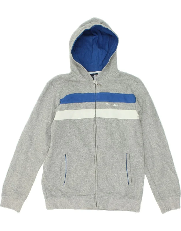 CHAMPION Boys Zip Hoodie Sweater 13-14 Years XL Grey Colourblock Cotton Hoodie with Tie-Dye Psychedelic Retro