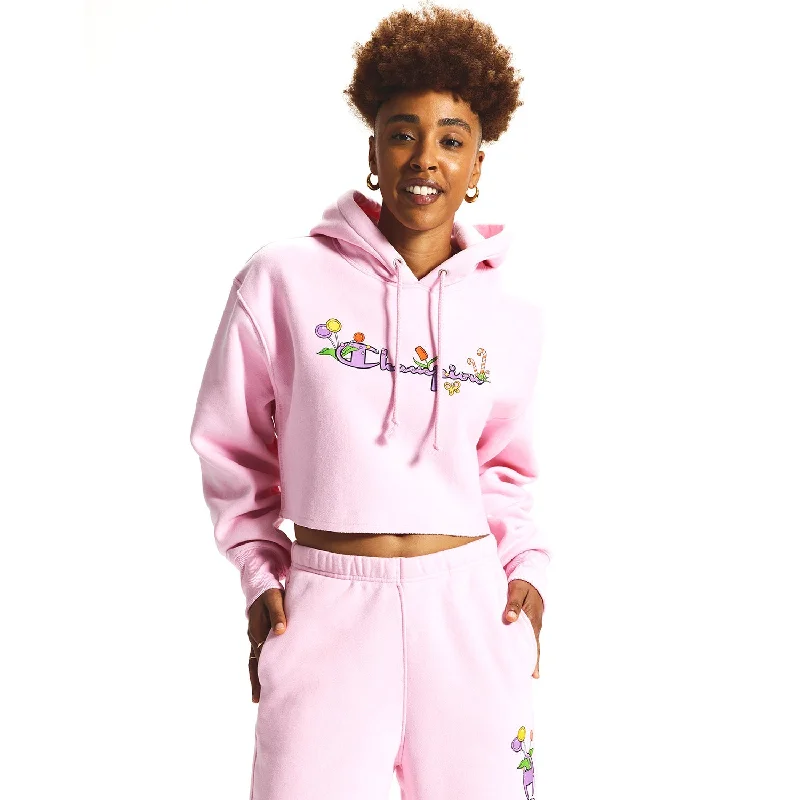 Champion Candy Land Reverse Weave Cropped Cut-Off Women's Hoodie Pink Candy Hoodie with Hem Elastic Stretchable Comfortable Champion Candy Land Reverse Weave Cropped Cut-Off Women's Hoodie Pink Candy Hoodie with Hem Elastic Stretchable Comfortable