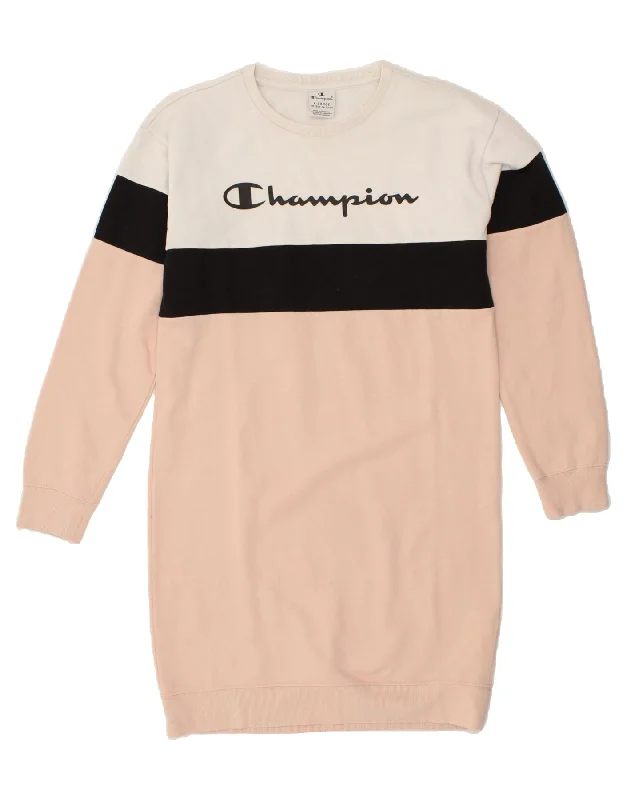 CHAMPION Girls Graphic Sweatshirt Jumper Dress 13-14 Years XL Pink Hoodie with Applique Textured Unique CHAMPION Girls Graphic Sweatshirt Jumper Dress 13-14 Years XL Pink Hoodie with Applique Textured Unique