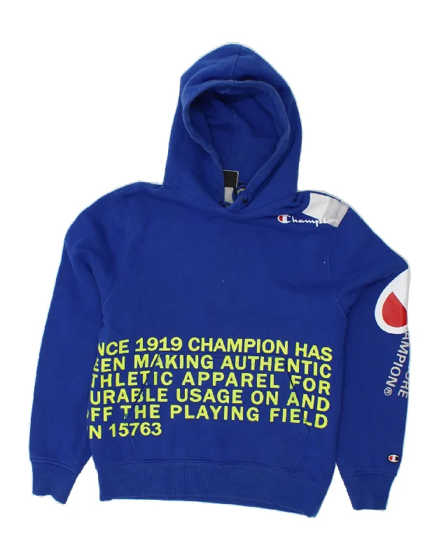 CHAMPION Mens Graphic Hoodie Jumper Medium Blue Cotton Hoodie with Hem Frayed Vintage Worn