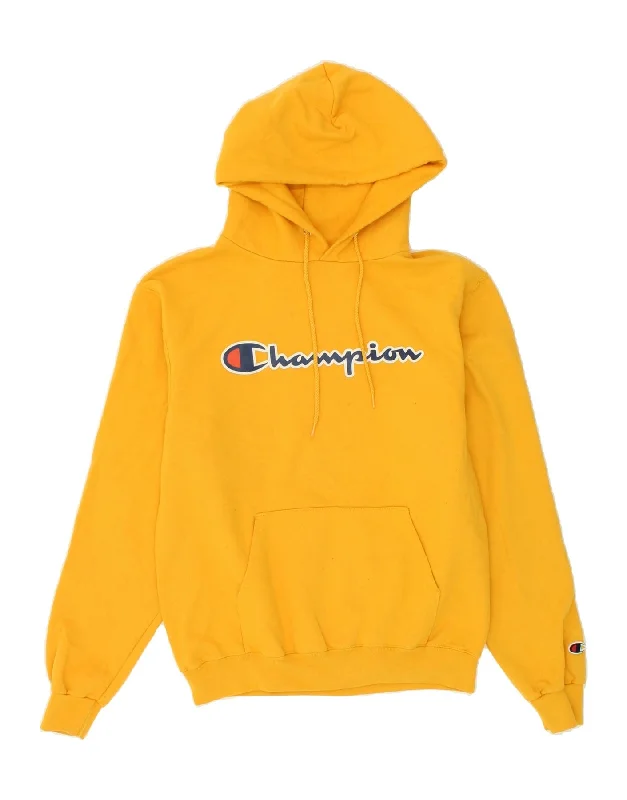 CHAMPION Mens Graphic Hoodie Jumper Small Yellow Cotton Hoodie with Metallic Shiny Futuristic