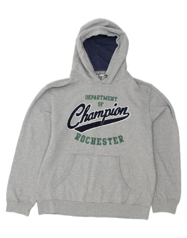 CHAMPION Mens Graphic Hoodie Jumper XL Grey Cotton Hoodie with Print Artistic Unique