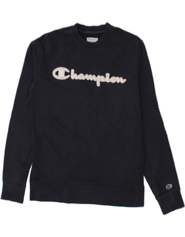 CHAMPION Mens Graphic Sweatshirt Jumper Small Navy Blue Cotton Hoodie with Gradient Ombre Colorful