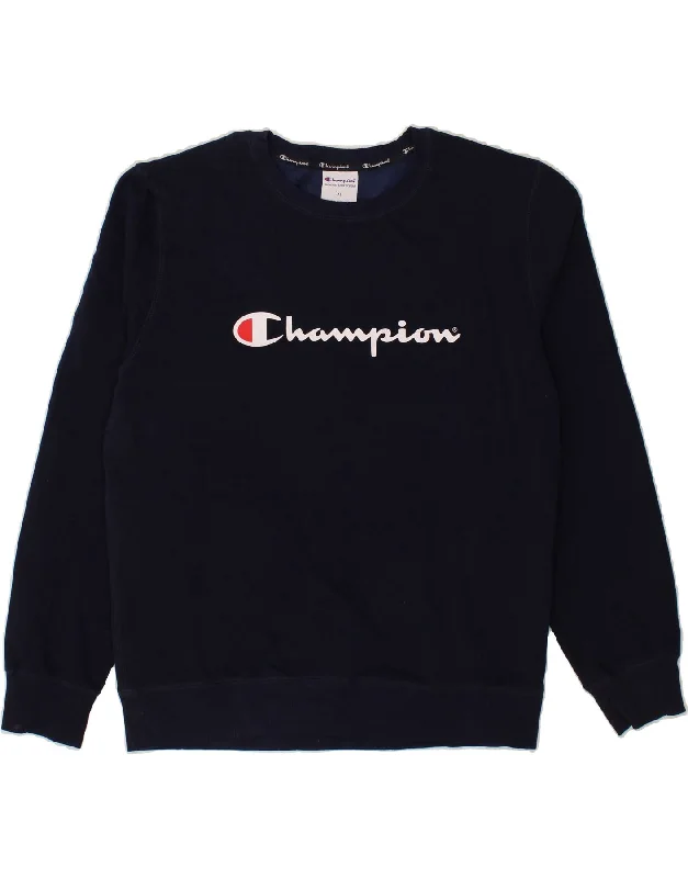 CHAMPION Mens Graphic Sweatshirt Jumper XL Navy Blue Cotton Hoodie with Toggle Buttons Decorative Unique