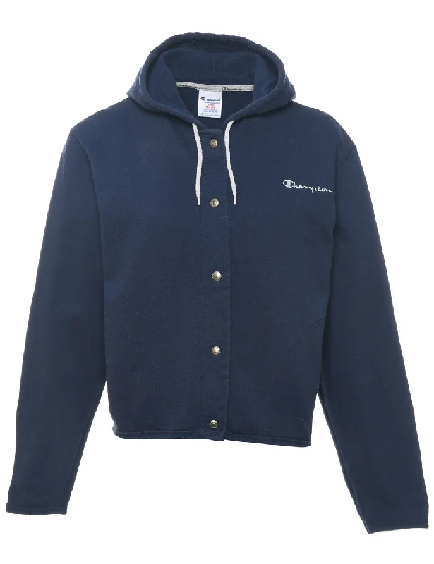 Champion Navy & White Embroidered Hooded Sweatshirt - L Hoodie with Hem Elastic Stretchable Comfortable