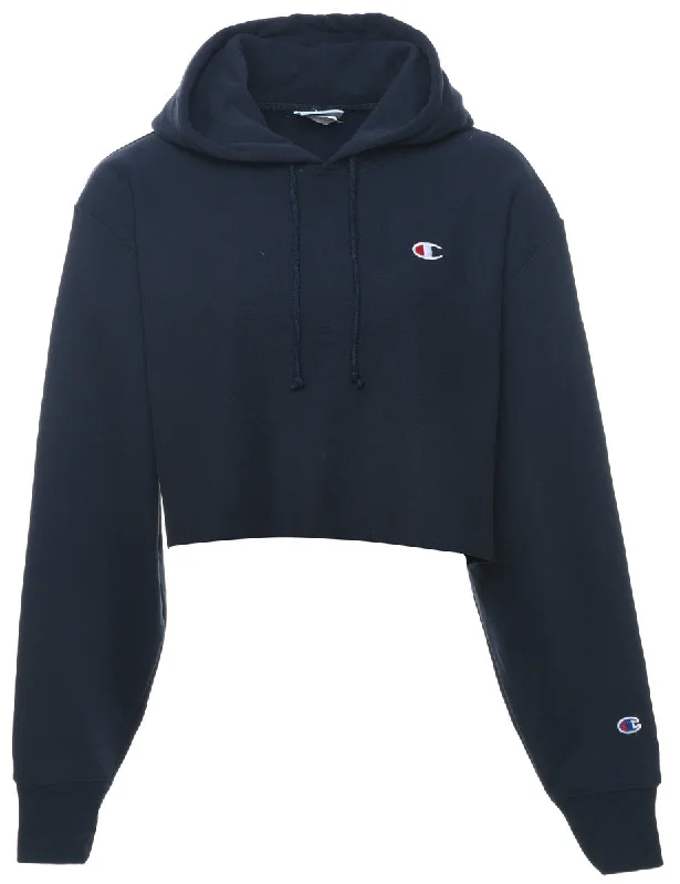 Champion Reverse Weave Navy Hooded Sweatshirt - L Hoodie with Front Slit Layering Stylish