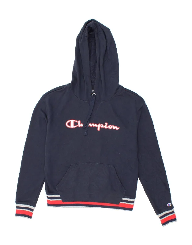 CHAMPION Womens Graphic Hoodie Jumper UK 10 Small Navy Blue Cotton Hoodie with Monochrome Minimalist Simple CHAMPION Womens Graphic Hoodie Jumper UK 10 Small Navy Blue Cotton Hoodie with Monochrome Minimalist Simple