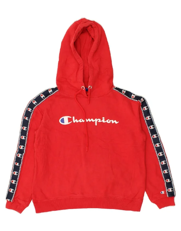 CHAMPION Womens Graphic Hoodie Jumper UK 10 Small Red Colourblock Cotton Hoodie with Frayed Bohemian Relaxed