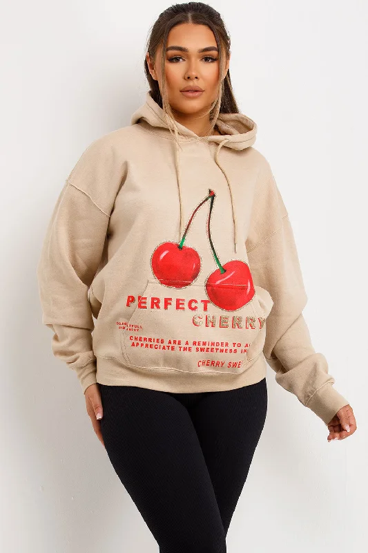 Cherry Hoodie Beige Hoodie with Velcro Closure Adjustable Secure