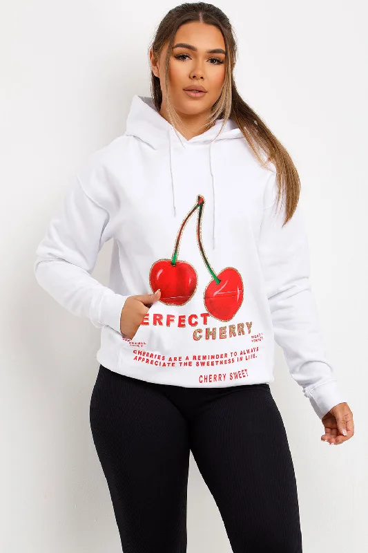 Cherry Hoodie White Hoodie with Bell Sleeves Flared Feminine