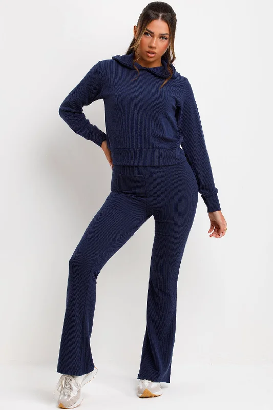 Crop Hoodie Tracksuit Lounge Set Navy Hoodie with Hem Detail Decorative Unique