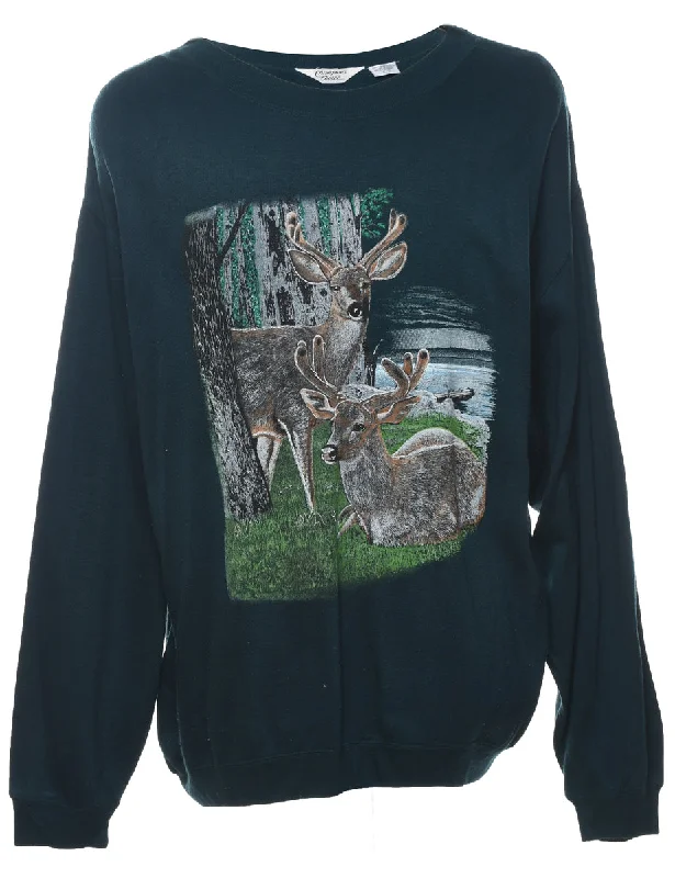 Dark Green Deer Animal Sweatshirt - XL Hoodie with Drawstring Waist Adjustable Fitted