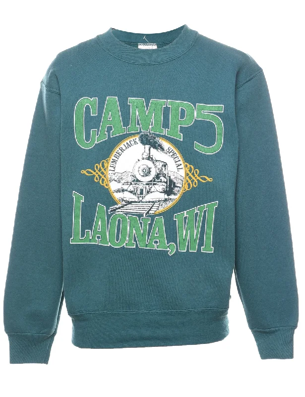 Dark Green Printed Camp 55' Sweatshirt - S Hoodie with Contrast Stitching Detailed Premium