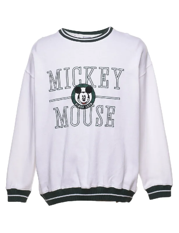 Disney Mickey Mouse Cartoon White & Green Sweatshirt - XL Hoodie with Raglan Sleeves Sporty Comfortable