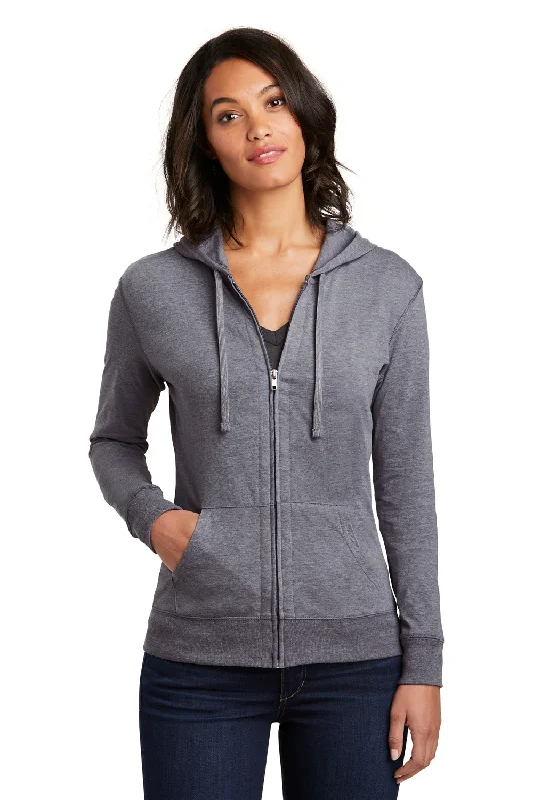 District Womens Full Zip Hooded Sweatshirt Hoodie - Heather Dark Grey Hoodie with Drawcord Adjustable Secure