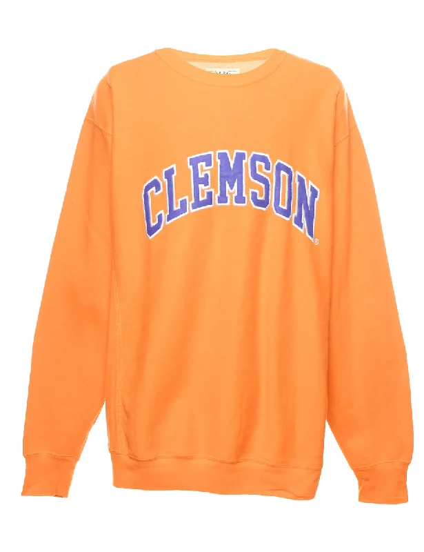 Embroidered Clemson Purple & Orange Sweatshirt - XL Hoodie with Frayed Bohemian Relaxed