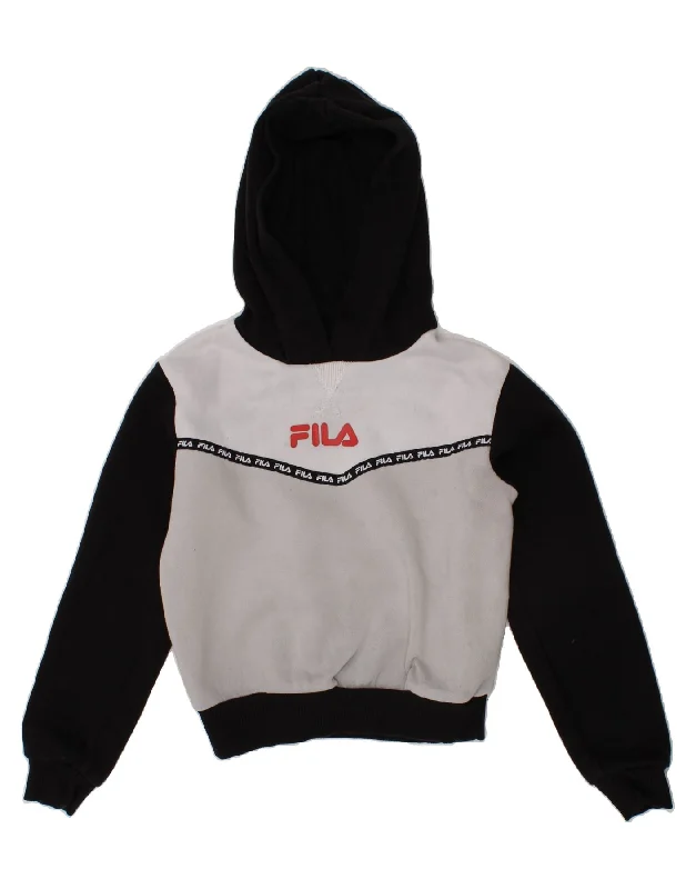 FILA Girls Hoodie Jumper 4-5 Years Grey Colourblock Cotton Hoodie with Hem Embroidery Detailed Premium FILA Girls Hoodie Jumper 4-5 Years Grey Colourblock Cotton Hoodie with Hem Embroidery Detailed Premium