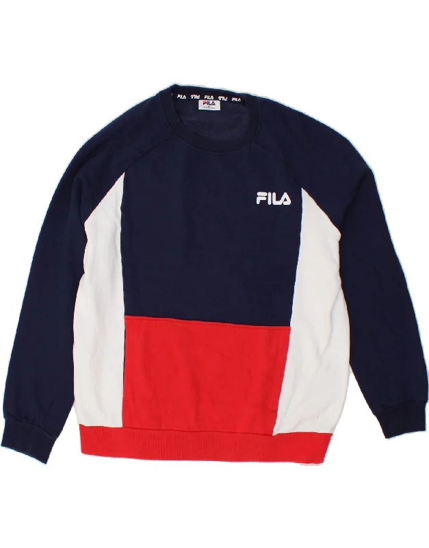 FILA Womens Oversized Sweatshirt Jumper UK 14 Medium Navy Blue Colourblock Hoodie with Tie-Dye Psychedelic Retro