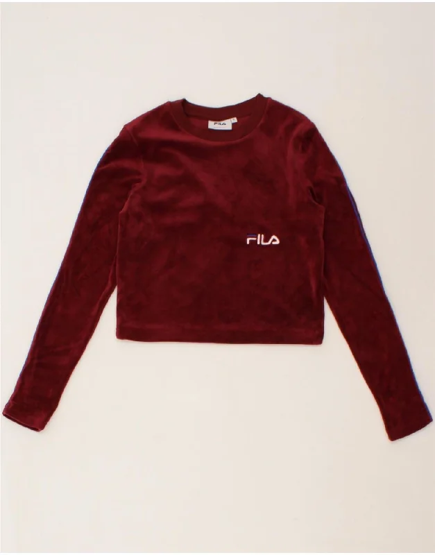 FILA Womens Velour Crop Sweatshirt Jumper UK 10 Small Burgundy Polyester Hoodie with Hem Ribbing Snug Secure FILA Womens Velour Crop Sweatshirt Jumper UK 10 Small Burgundy Polyester Hoodie with Hem Ribbing Snug Secure