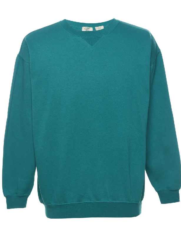 Green Plain Sweatshirt - M Hoodie with Rolled Sleeves Casual Relaxed