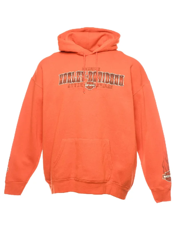 Harley Davidson Printed Orange Hoodie - XL Hoodie with Neon Bright Vibrant