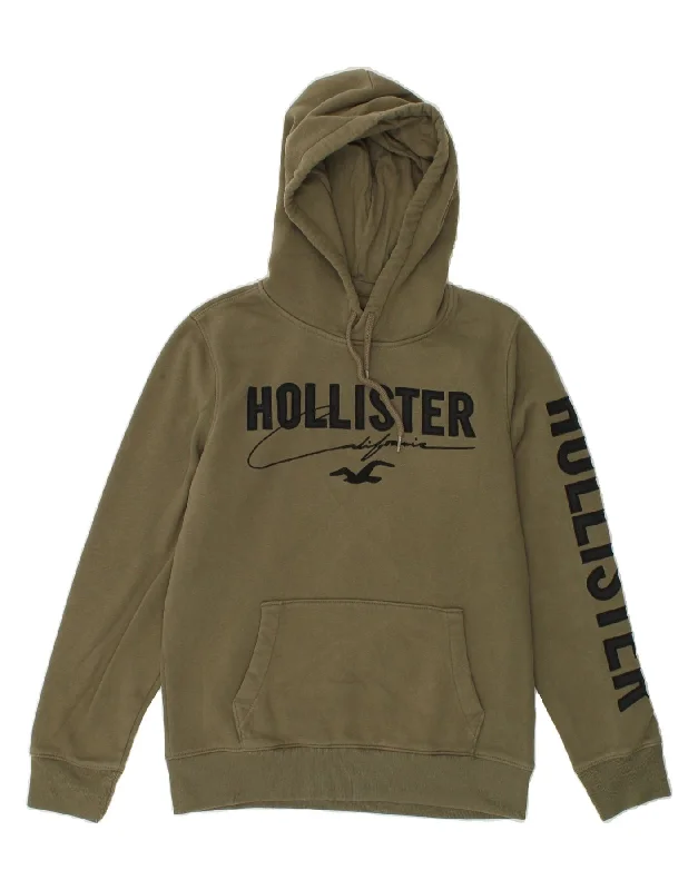 HOLLISTER Mens Graphic Hoodie Jumper Medium Khaki Cotton Hoodie with Embroidery Detailed Premium HOLLISTER Mens Graphic Hoodie Jumper Medium Khaki Cotton Hoodie with Embroidery Detailed Premium
