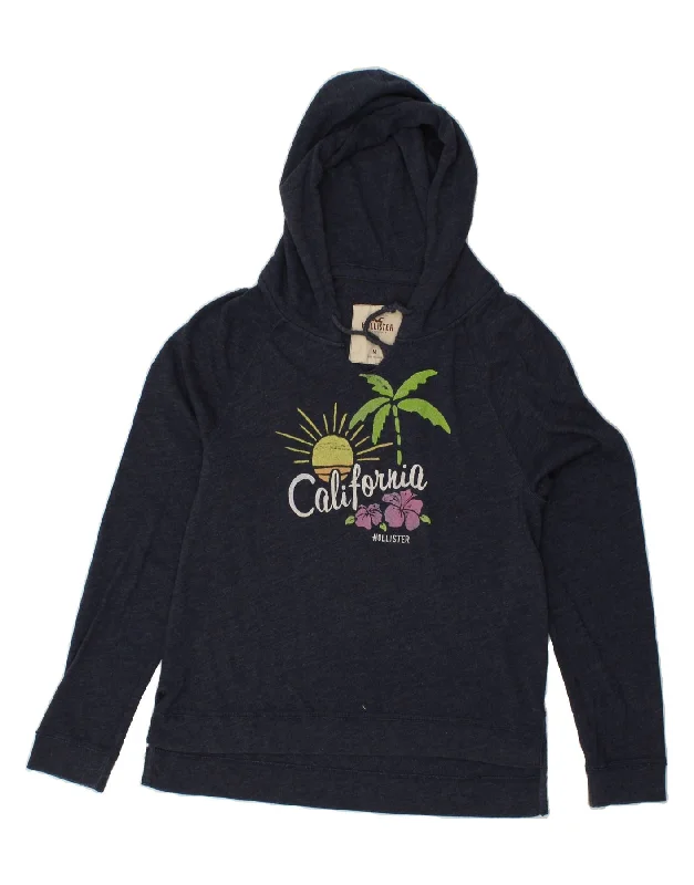 HOLLISTER Womens Graphic Hoodie Jumper UK 14 Medium Navy Blue Cotton Hoodie with Patch Decorative Personalized HOLLISTER Womens Graphic Hoodie Jumper UK 14 Medium Navy Blue Cotton Hoodie with Patch Decorative Personalized