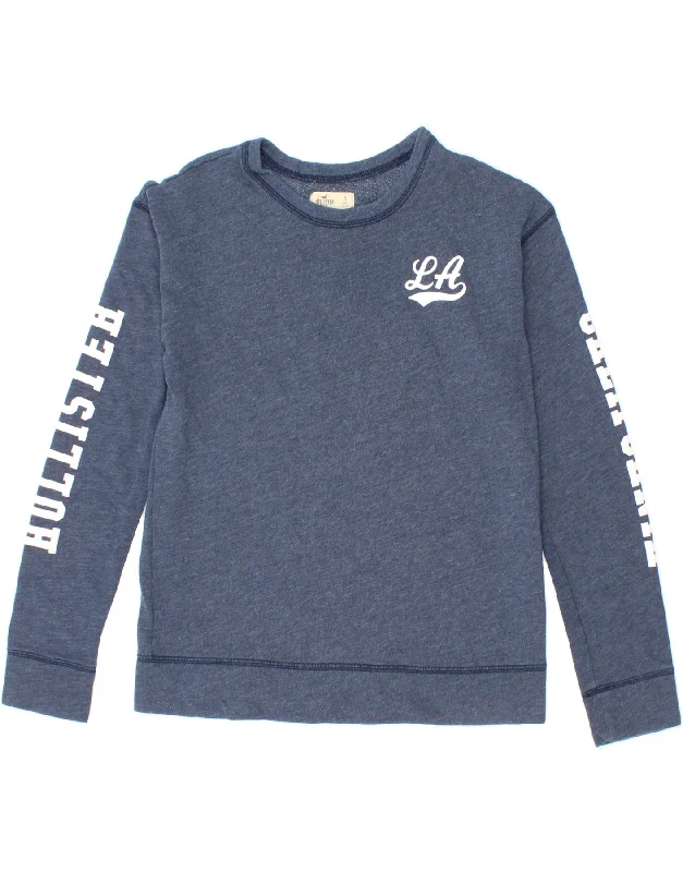 HOLLISTER Womens Graphic Sweatshirt Jumper UK 10 Small Navy Blue Cotton Hoodie with Puffed Sleeves Voluminous Trendy HOLLISTER Womens Graphic Sweatshirt Jumper UK 10 Small Navy Blue Cotton Hoodie with Puffed Sleeves Voluminous Trendy