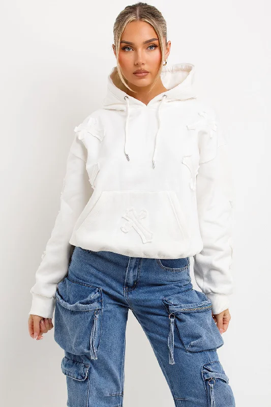 Hoodie With Cross Applique Embroidery Off White Hoodie with Oversized Fit Loose Comfortable