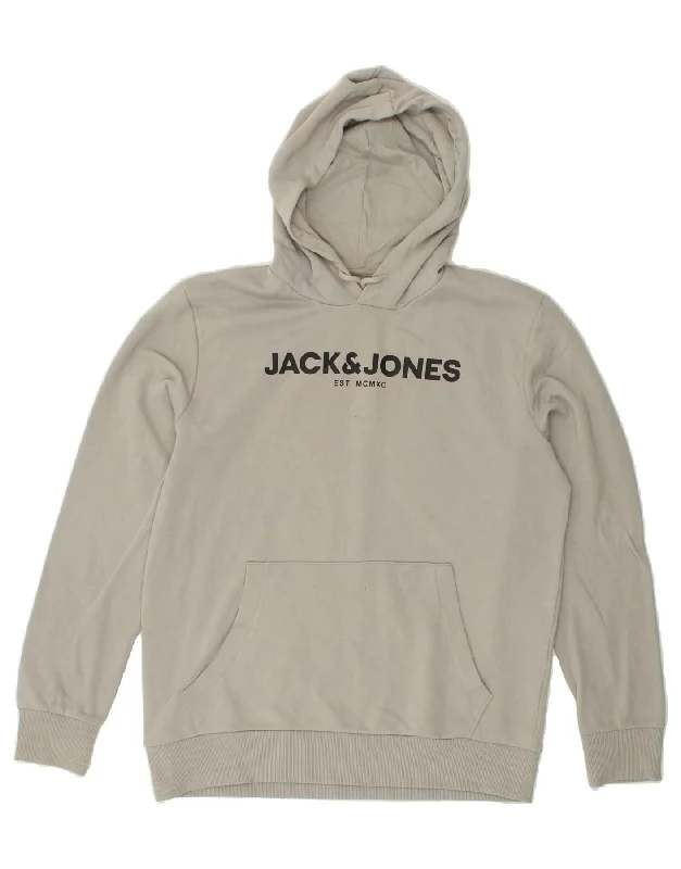 JACK & JONES Mens Graphic Hoodie Jumper Large Grey Cotton Hoodie with Hem Detail Decorative Unique JACK & JONES Mens Graphic Hoodie Jumper Large Grey Cotton Hoodie with Hem Detail Decorative Unique