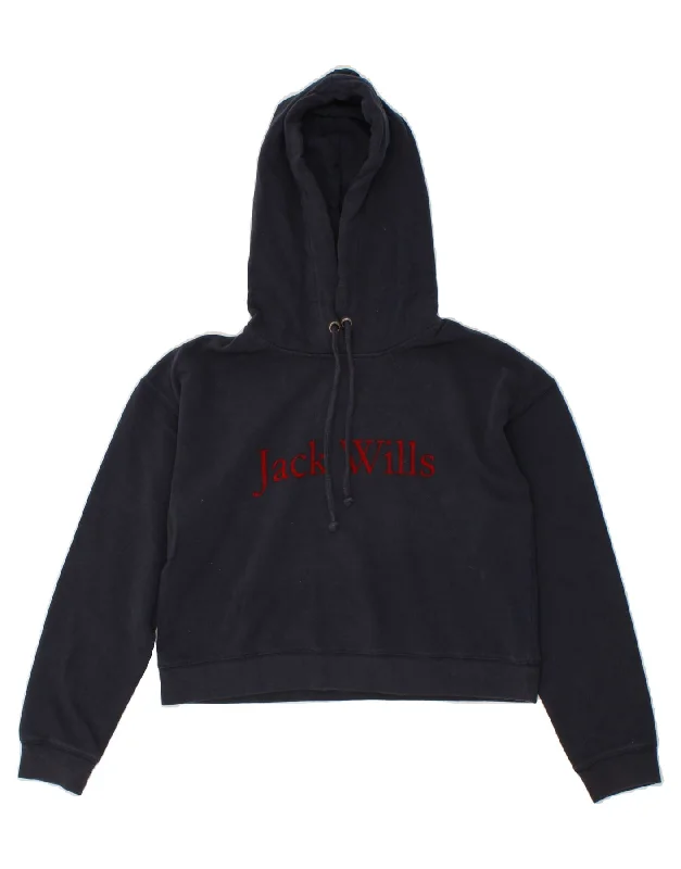 JACK WILLS Womens Graphic Crop Hoodie Jumper UK 8 Small Navy Blue Cotton Hoodie with Emblem Brand Identity