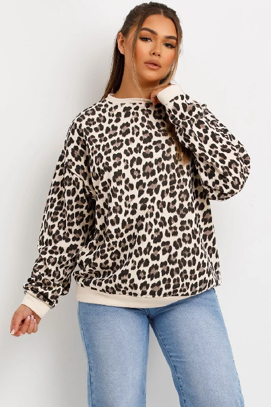 Leopard Print Sweatshirt Hoodie with Hem Drawcord Adjustable Customizable