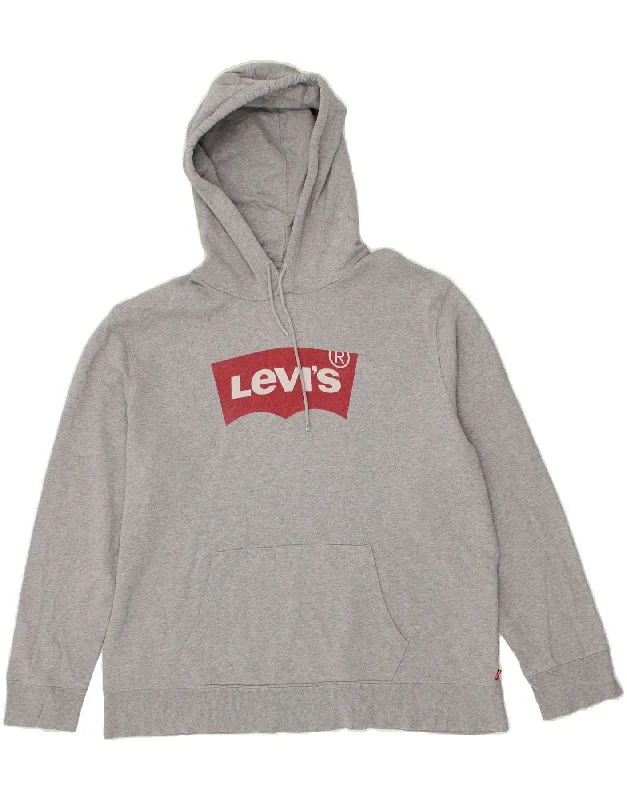 LEVI'S Mens Graphic Hoodie Jumper XL Grey Cotton Hoodie with Mock Neck Collared Structured