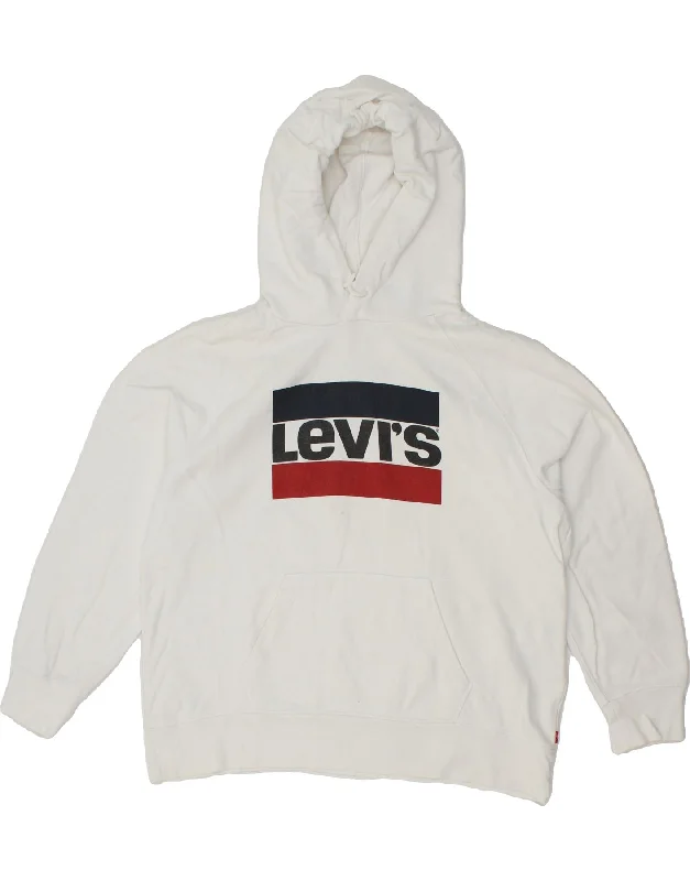 LEVI'S Womens Graphic Hoodie Jumper UK 16 Large White Cotton Hoodie with Raglan Sleeves Sporty Comfortable