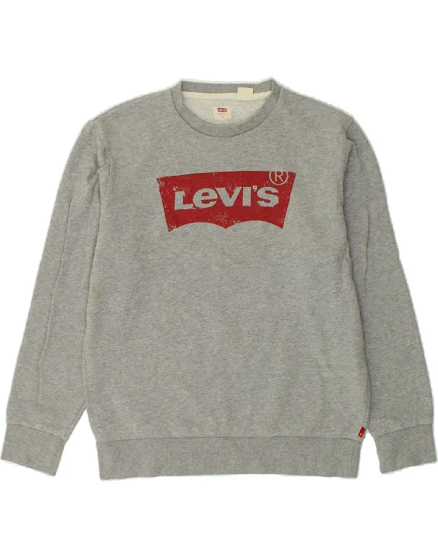 LEVI'S Womens Graphic Sweatshirt Jumper UK 10 Small Grey Cotton Hoodie with Button Placket Classic Preppy