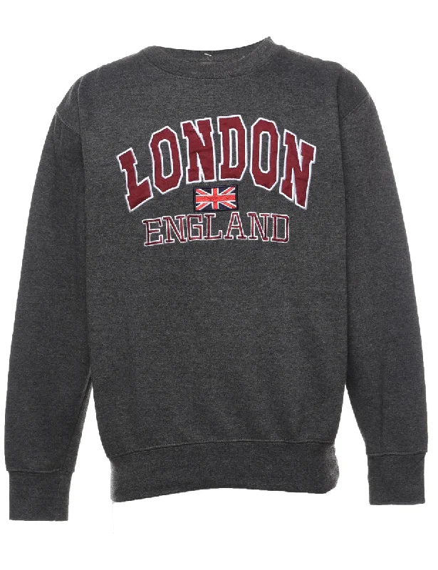 London England Dark Grey Embroidered Sweatshirt - S Hoodie with Earth Tones Natural Calm