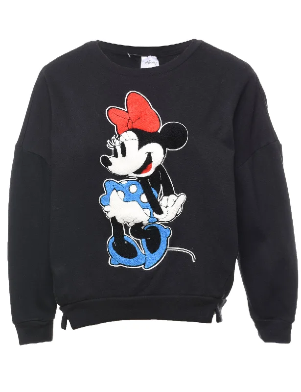 Minnie Mouse Black 1990s Cartoon Sweatshirt - S Hoodie with Drop Shoulder Relaxed Streetwear