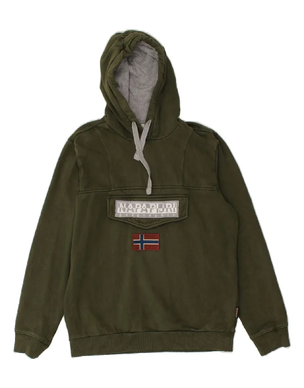 NAPAPIJRI Mens Graphic Hoodie Jumper Large Khaki Cotton Hoodie with V-Neck Classic Versatile