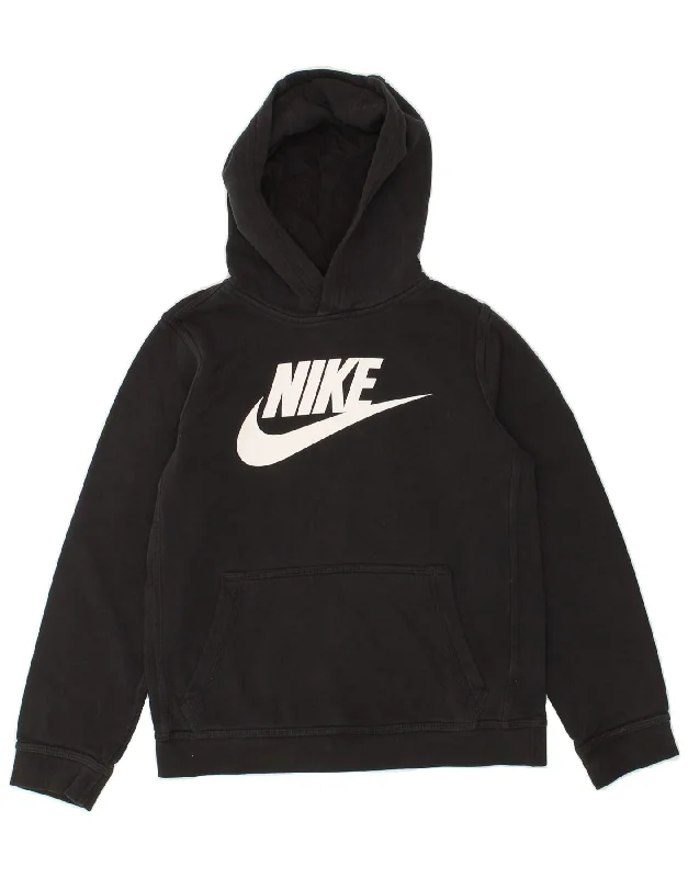 NIKE Boys Graphic Hoodie Jumper 12-13 Years Large Black Cotton Hoodie with Longline Fit Extended Stylish