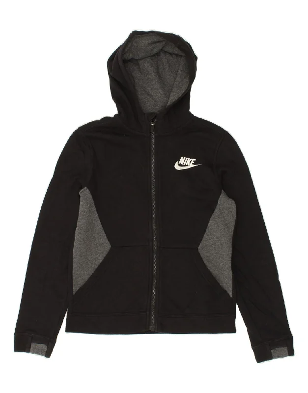 NIKE Boys Graphic Zip Hoodie Sweater 12-13 Years Large Black Colourblock Hoodie with Raw Hem Edgy Unfinished