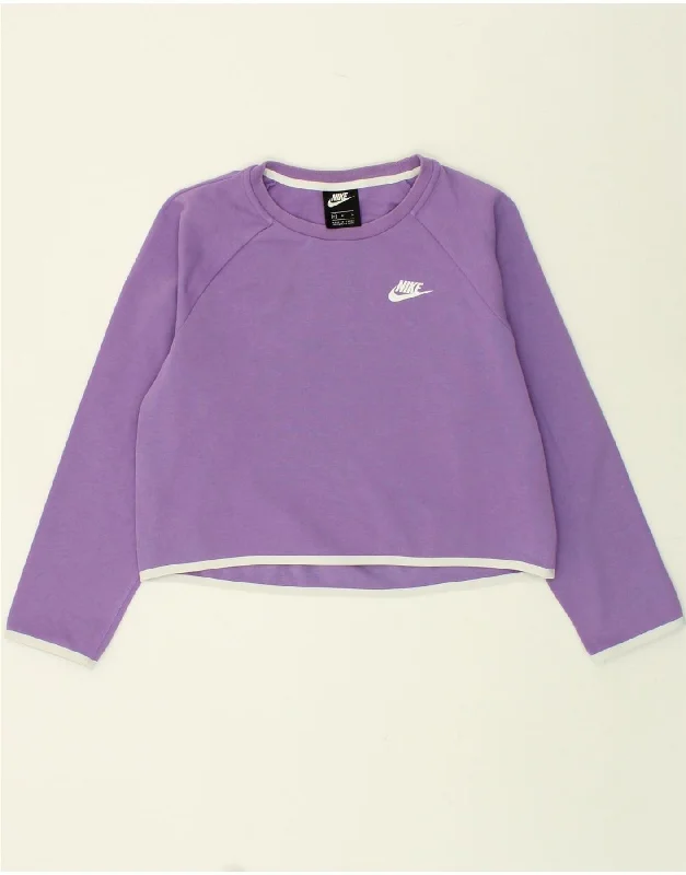 NIKE Womens Crop Sweatshirt Jumper UK 14 Medium Purple Cotton Hooded Sweatshirt Casual Wear Street Style